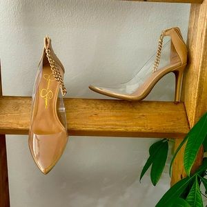 Jessica Simpson Clear/Nude Pumps with Gold Anklet.